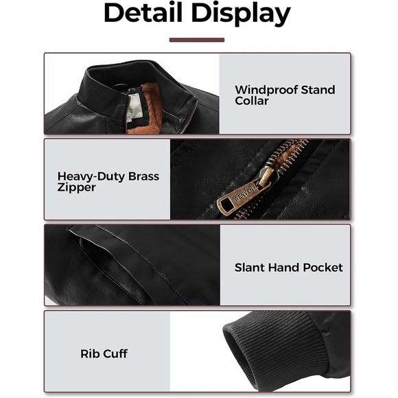 Men's Black Leather Stand Collar Fleece Lined Bomber Faux Jacket - Picture 5 of 8